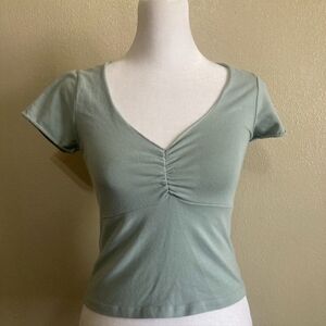Mint Baby Tee, Green V Neck Top Stretchy Short Sleeve Y2K Summer Womens Small?